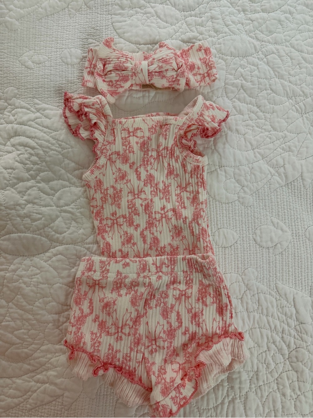 Echo Pink Floral Ribbed Romper with Matching Bow Headband